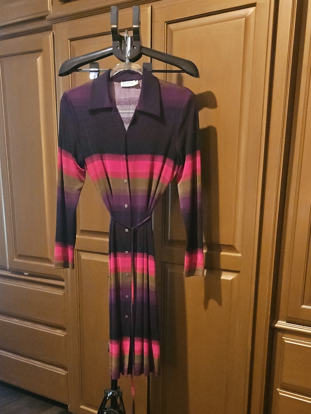 CDC Striped Button-Front Long Sleeve Dress in Purple and Pink